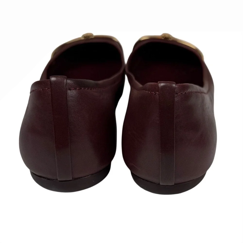 TORY BURCH Burgundy Leather Patent Cap Toe Gold Logo Ballet Flats Size 7M